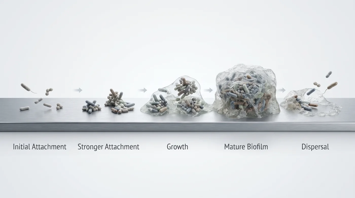 Illustration of the five stages of biofilm development along a metal surface: initial attachment, stronger attachment, growth, mature biofilm, and dispersal.
