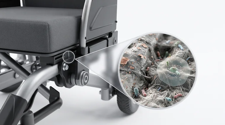 A wheelchair seat frame and joint, with a magnified circular inset illustrating microorganisms and biofilm on the surface.