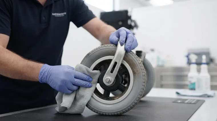 Gloved hands cleaning a wheelchair castor wheel that has been removed from the chair, using a microfibre cloth on a workbench.