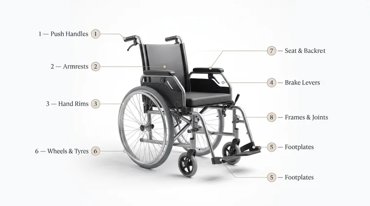 Labelled diagram of a manual wheelchair marking eight cleaning hotspots: push handles, armrests, hand rims, brake levers, footplates, wheels and tyres, seat and backrest, and frames and joints.
