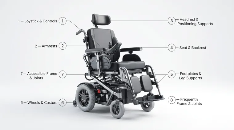 Labelled diagram of a powered wheelchair marking cleaning hotspots: joystick and controls, armrests, headrest and positioning supports, seat and backrest, footplates and leg supports, wheels and castors, and accessible frame and joints.