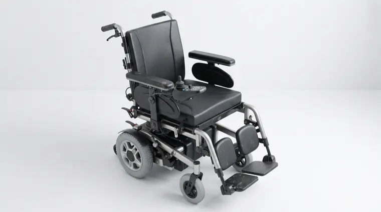 A powered wheelchair photographed against a plain background, showing the armrests, joystick controller, seat and footplates.