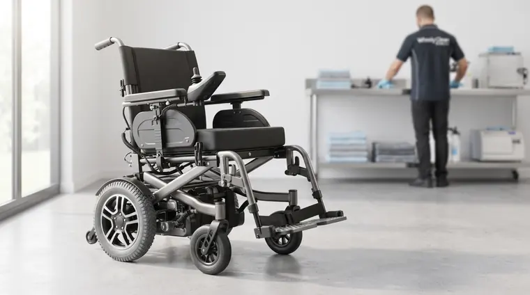 A cleaned powered wheelchair standing in a bright workshop, with a technician preparing equipment at a bench in the background.