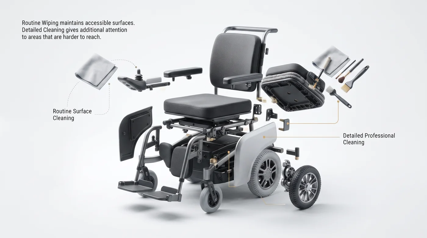 An exploded view of a powered wheelchair comparing routine surface cleaning, shown with a cloth, against detailed professional cleaning, shown with brushes reaching separated components.
