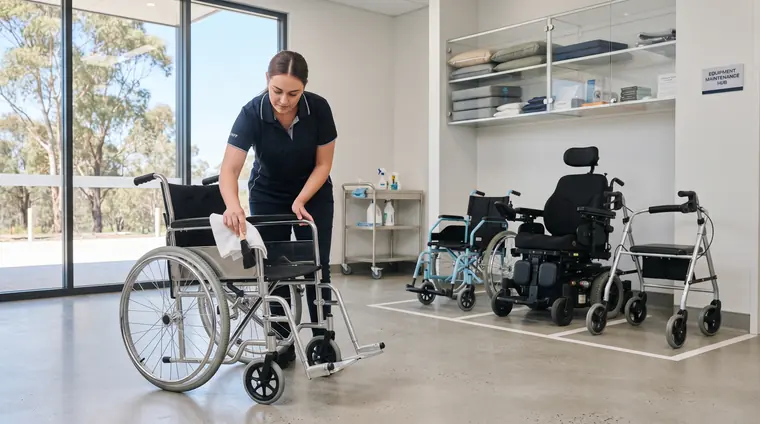A staff member cleaning a manual wheelchair in an equipment maintenance room, with other wheelchairs and a walker parked in marked bays behind her.