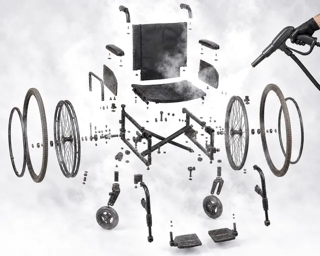 Wheelchair components laid out and being cleaned with a professional steam cleaner.