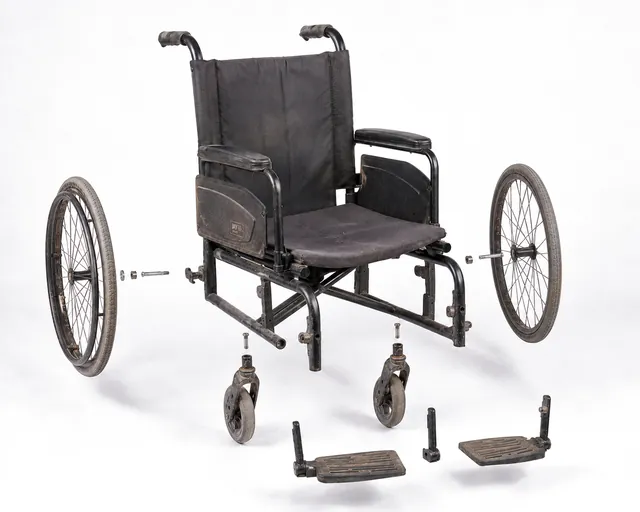 The same wheelchair with wheels, castors and footplates removed, ready for cleaning.