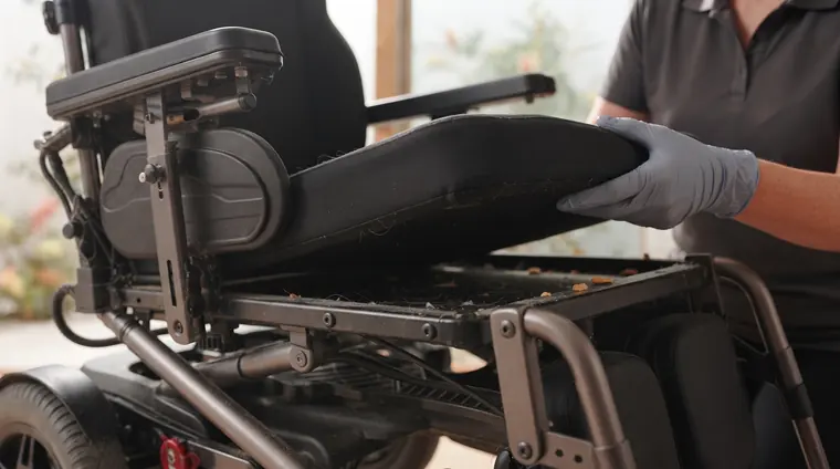 A gloved hand lifting a wheelchair seat cushion, revealing crumbs, hair and dust collected on the seat pan underneath.