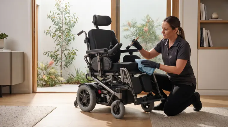 A cleaning technician kneeling beside a powered wheelchair in a bright living room, using a detail brush and microfibre cloth around the seat and frame.