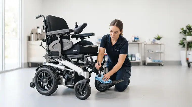 A cleaning technician kneeling beside a powered wheelchair, using a detail brush and microfibre cloth on the frame near the castor wheel.