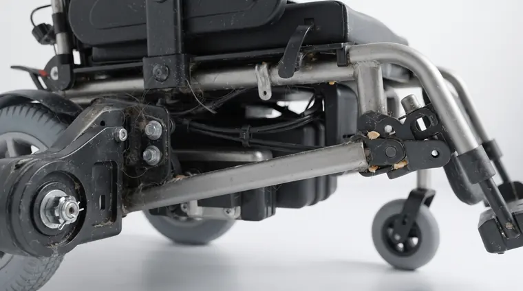 Close-up beneath a wheelchair seat showing hair, dust and food debris caught around the frame tubing, brackets and folding mechanism.