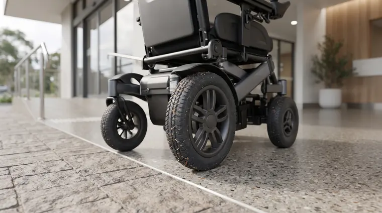 Close view of a powered wheelchair's drive wheels and castors at ground level, with visible dirt and debris caught in the tyre tread.